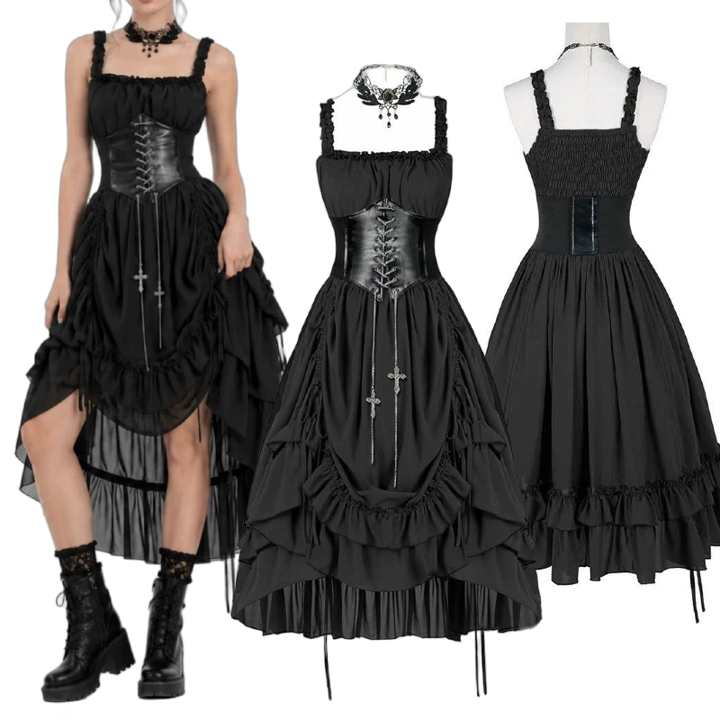 Medieval Renaissance Dress Women - Kadın Gotik Elbise Korse Kayma Siyah